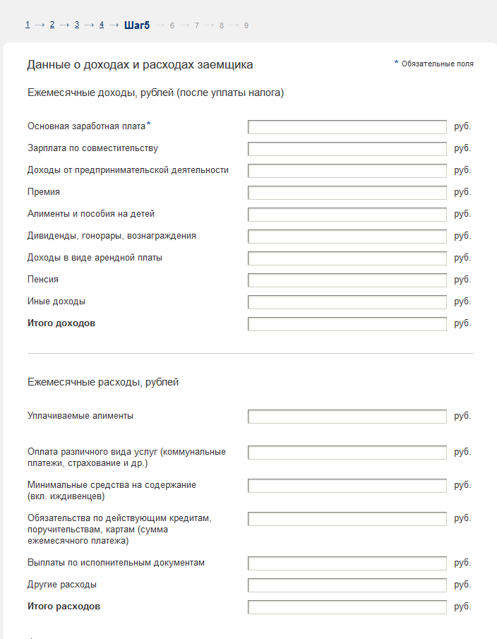 Данные о доходах и расходах заемщика